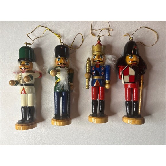 Set Of 4 Vintage Wooden Nutcracker Toy Soldier Christmas Ornaments With Beards - Picture 1 of 11